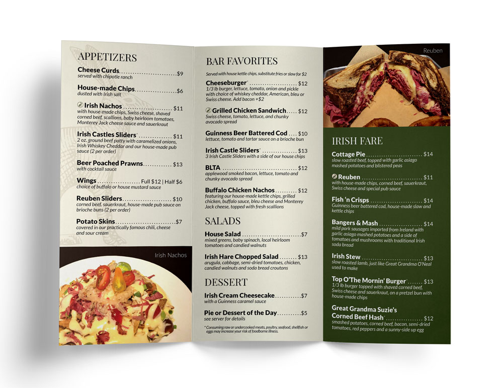 The Irish Hare Pub Tri-fold Menu