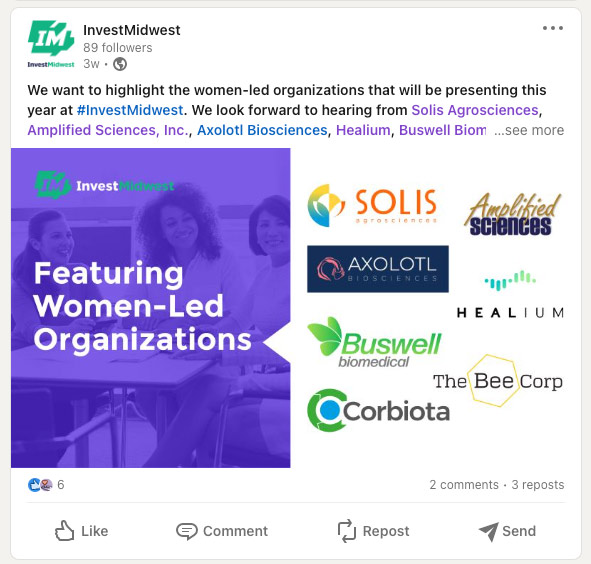 Invest Midwest Linkedin social media post Women led Organizations